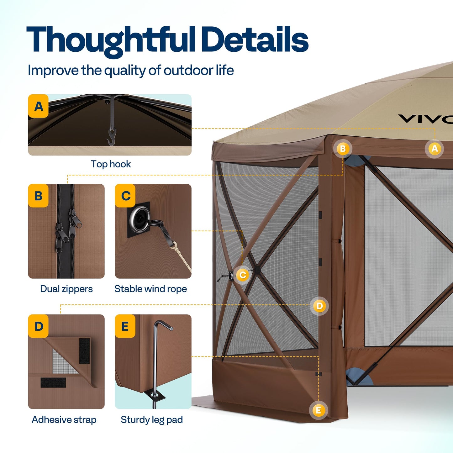 VIVOHOME 12x12ft Pop-Up Gazebo Screen Tent, 6-Sided Instant Outdoor Canopy Shelter with Large Main Door, Wind Panels, and Screens for Outdoor Parties, Camping, Lawn and Backyard