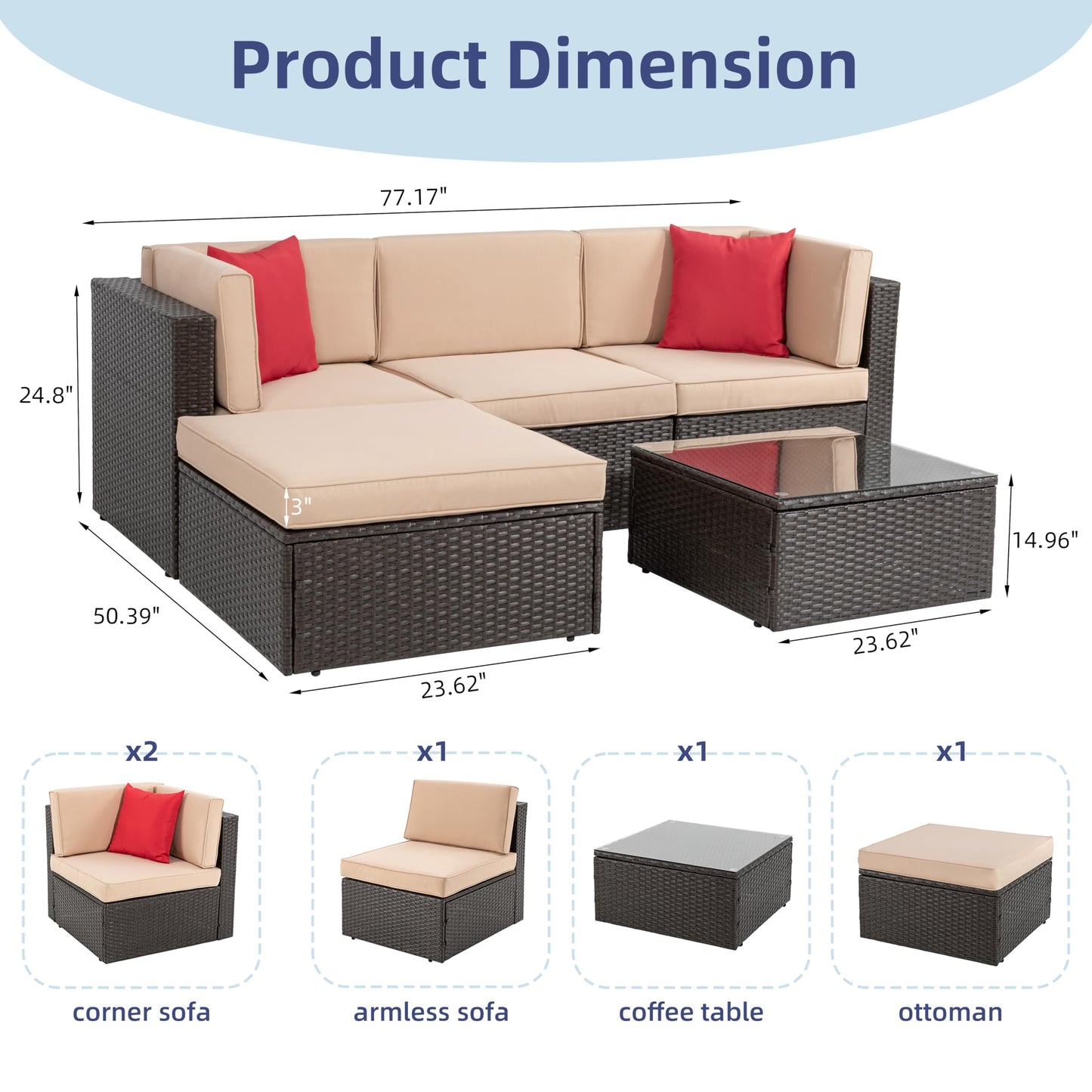 Vongrasig 5 Piece Patio Furniture Sets, All-Weather Brown PE Wicker Outdoor Couch Sectional Set, Small Conversation Set for Garden/Patio w/Ottoman, Glass Table, Red Pillow, Beige