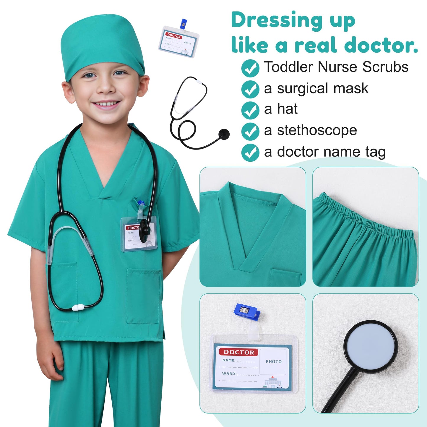 WooHand Nurse Costume For Kids 6Pcs Doctor Costume for Kids 3-9 Years Halloween Dress up Cosplay for Boy Girls with Accessories