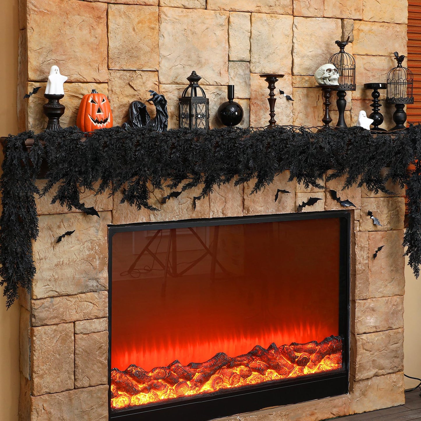 XunYee Black Halloween Garland 6 Feet Cedar Garland Artificial Faux Trailing Realistic Summer Halloween Hanging Vine Twigs for Thanksgiving Party Mantel Fireplace Wedding Outdoor Indoor Home Decor