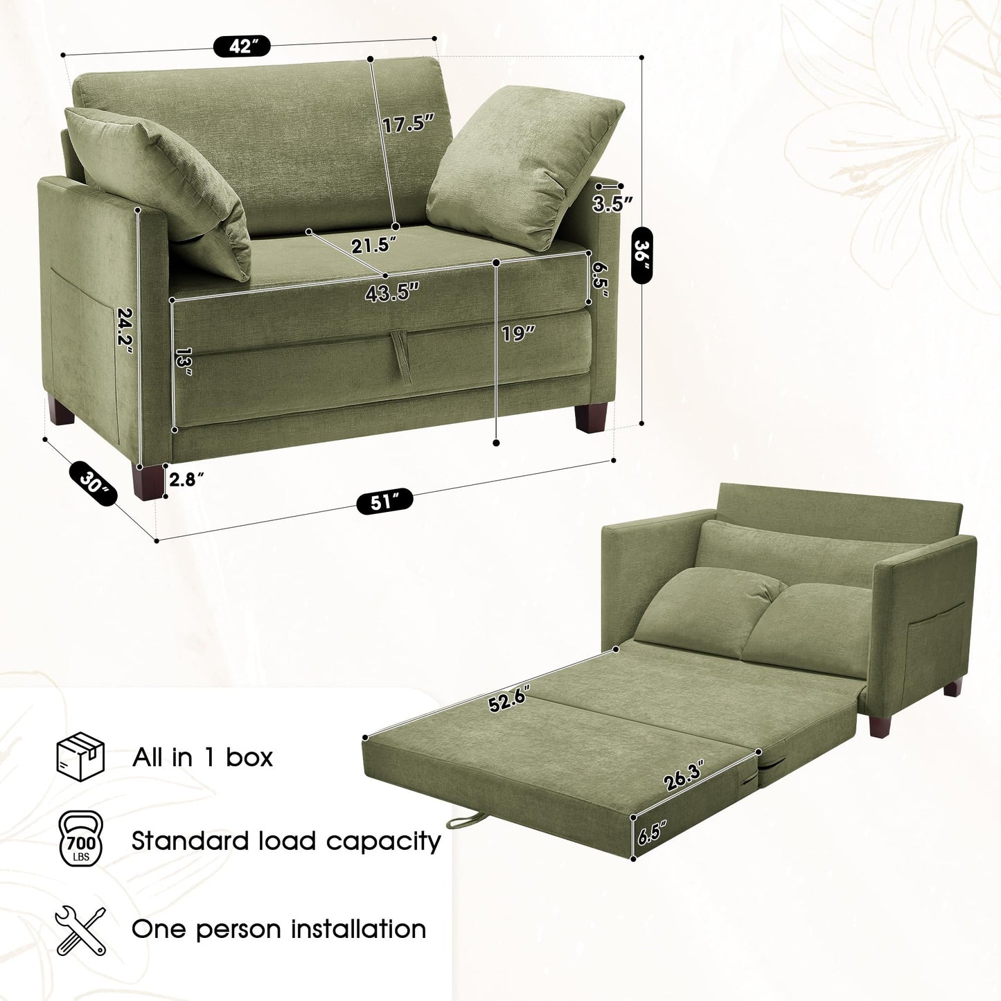 51" Convertible Loveseat Sofa Bed, 2 in1 Folding Sofa Bed, Loveseat Sleeper Sofa for Small Spaces, Fold Out Floor Couch with 2 Pillows for Apartment, Living Room & Guest Room, Green Chenille Fabric