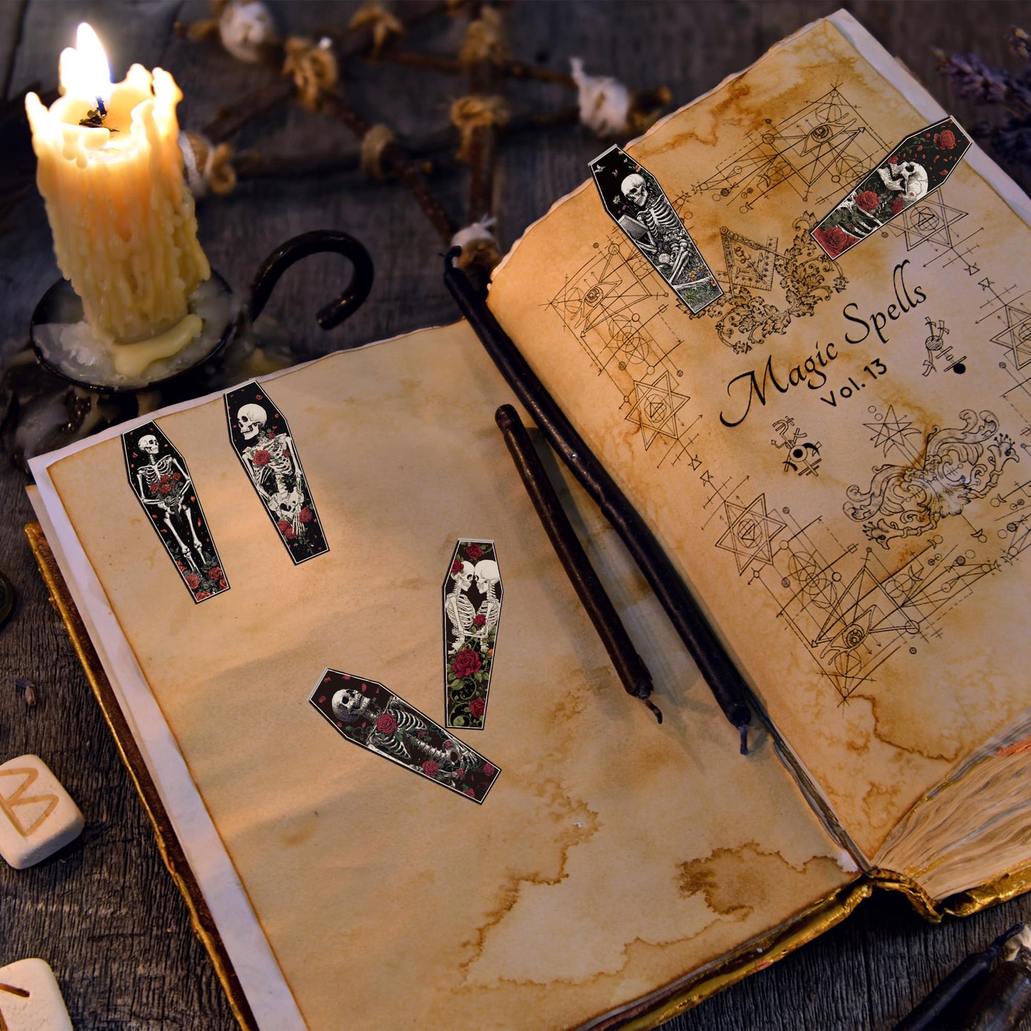 30 Pcs Gothic Skeleton Magnetic Bookmarks, Coffin-Shaped Rose and Skull Book Mark Clips for Book Lovers, Dark Romance Magnet Page Markers for Women Men, Halloween Bookish Gifts