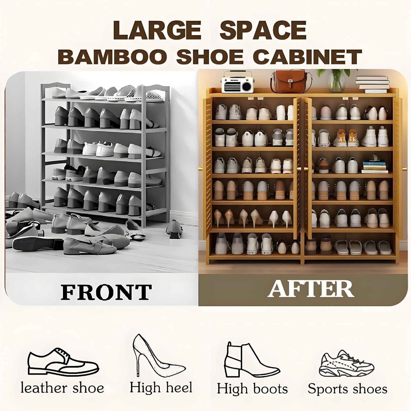WMIASIN 7-Tier Shoe Rack Cabinet, Bamboo Shoe Cabinet with Doors, 36-40 Pairs Freestanding Shoes Cabinet Organizer，Large Shoe Cabinet for Entryway, Hallway, Living Room