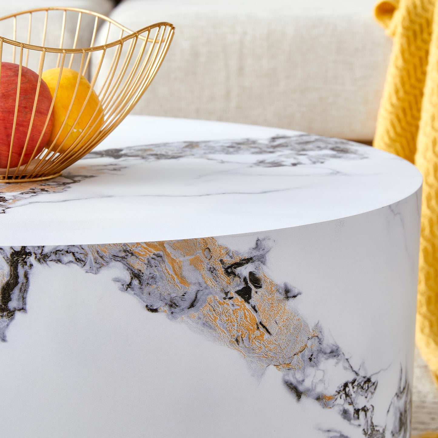 27.5" Round Coffee Table, Modern White Marble Coffee Tables for Living Room, Faux Marble Wooden Circle Center Table Accent Cocktail Tea Tables for Apartment Home Office, No Assembly