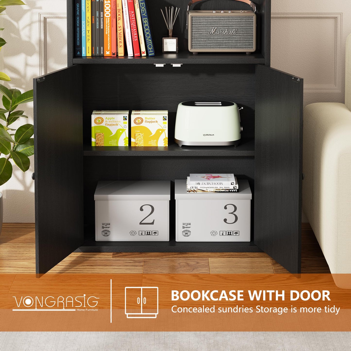 Vongrasig 6-Tier Open Bookcase and Bookshelf with Doors, Floor Standing Farmhouse Display Storage Shelves 71 Inch Wood Tall Bookcase for Home Office, Living Room, Bed Room, Black
