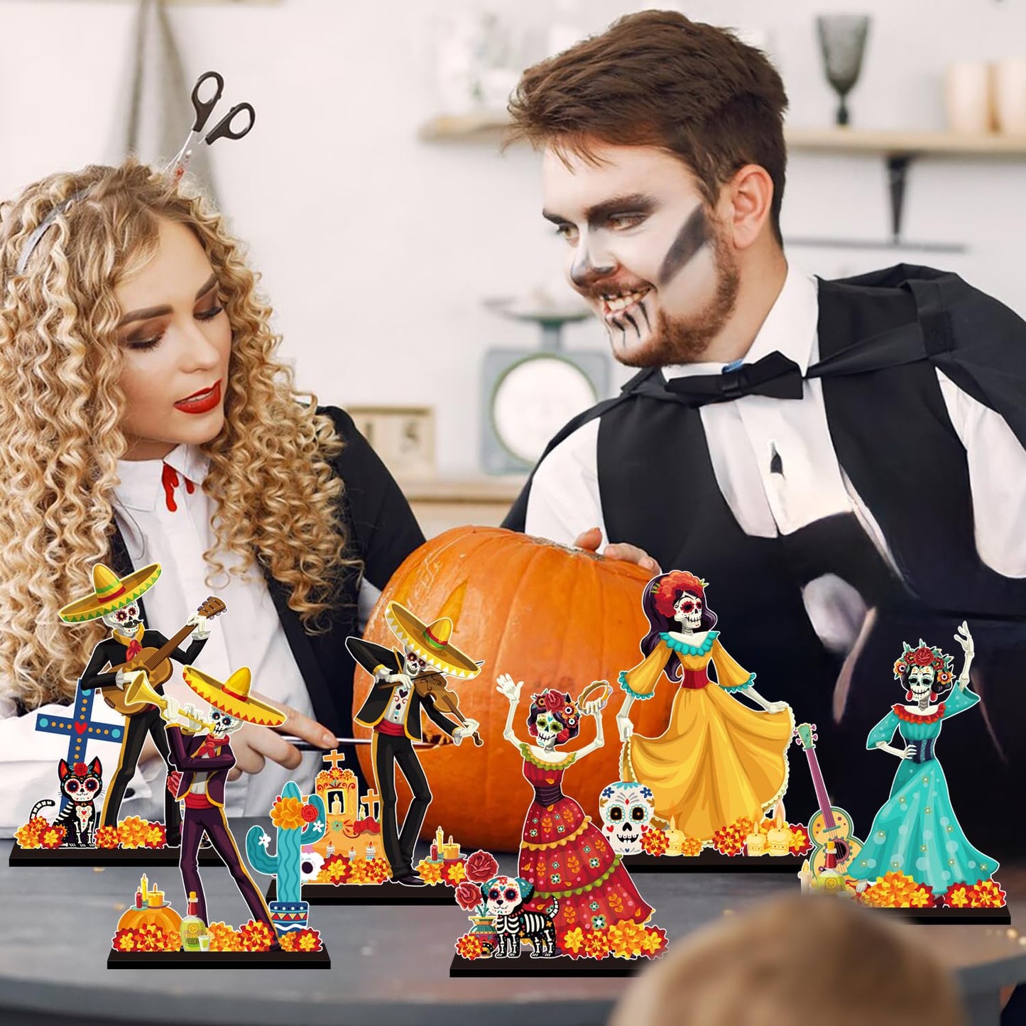 6Pcs Dia De Los Muertos Decorations Wooden Table Centerpiece Day of the Dead Decorations Dancing Couple Sugar Skull Table Topper Photo Props for Mexican Day of The Dead Party Tiered Tray Decor