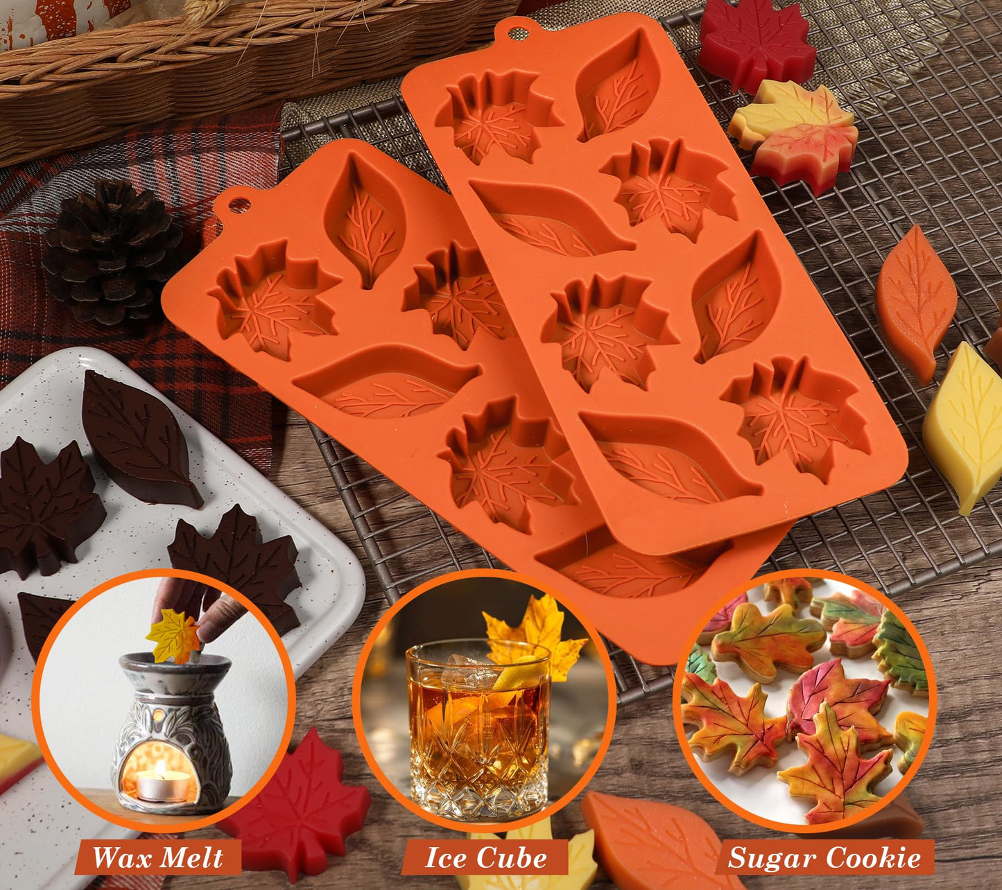 Webake Leaf Silicone Mold with 2 Different Shapes, 8-Cavity Maple Leaf Molds for Chocolate, Ice Cube, Soap, Cupcake, Perfect for Thanksgiving, Fall Harvest Party, Pack of 2