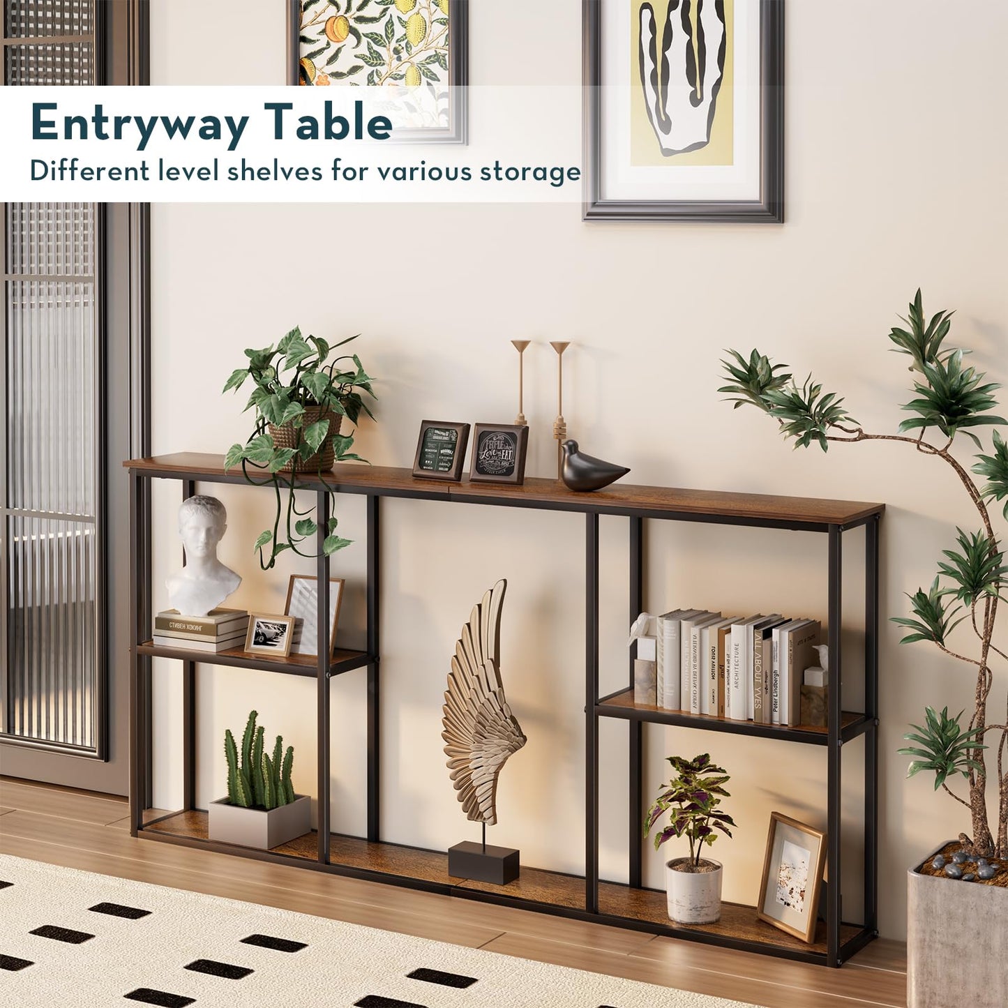 WOHOMO Console Table,3-Tire Small Entryway Tables,Narrow Sofa Table for Hallway,Rustic Brown(63 inch)