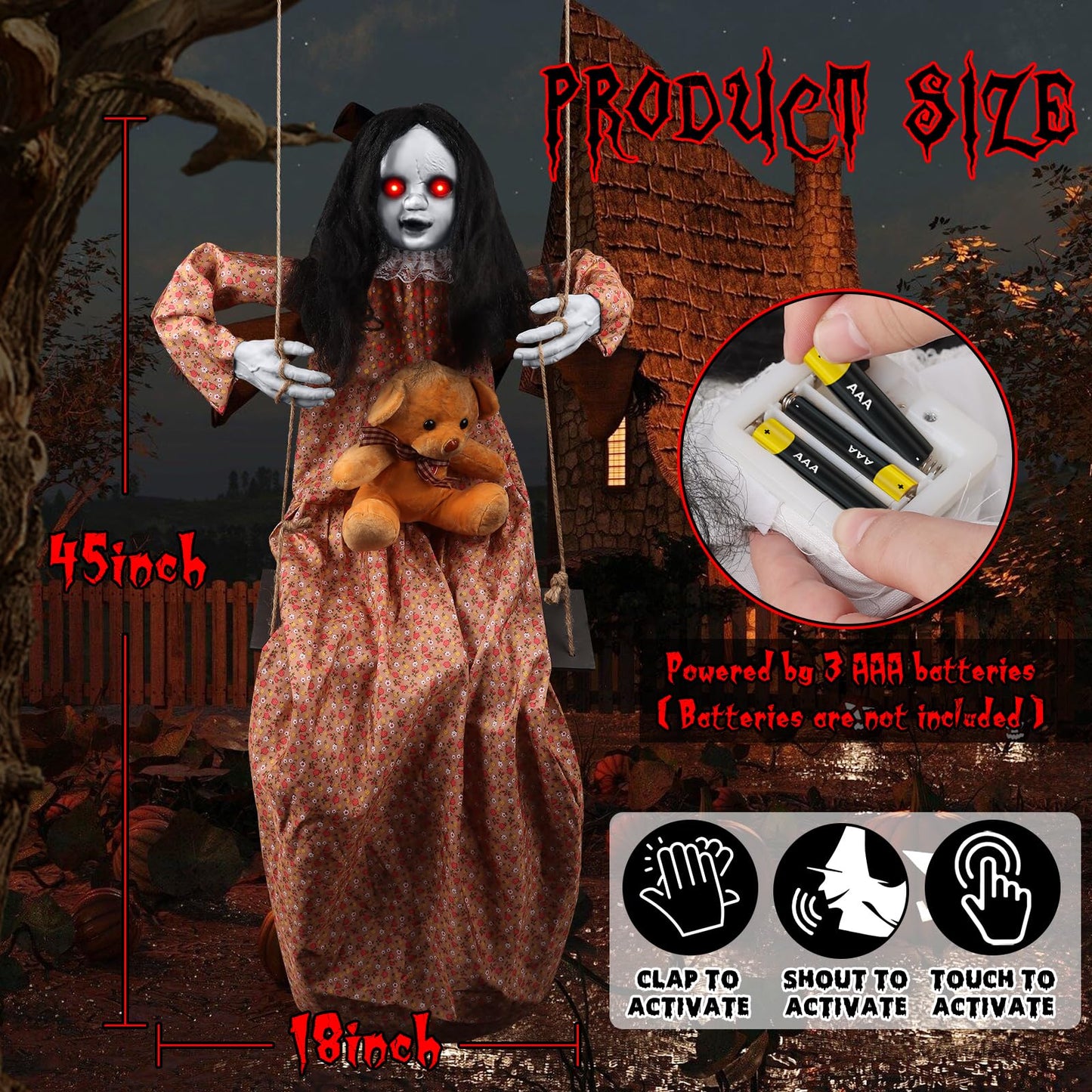 3.75 Ft Scary Halloween Decorations Outdoor, Halloween Hanging Swinging Girl with Sound & Touch Activated/Creepy Sound/Light Up Eyes/Scary Expression, Halloween Decor Props for Indoor Outside