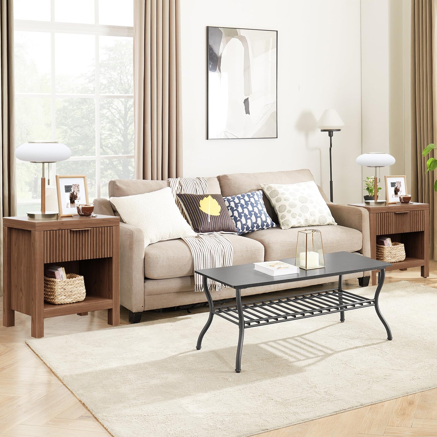 Vudanfe End Table Set of 2 with Storage, Small End Table, Wood Bedside Table with Drawer and Opening Storage, Nightstand Accent Table for Living Room, Bedroom, Walnut Oak