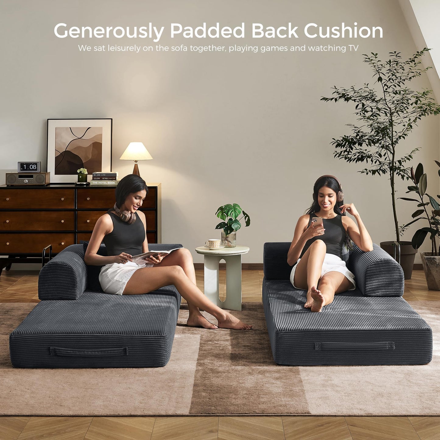 79" Convertible Sofa Bed with Fixed-Shape Frame & Removable Armrests, Modular Corduroy Sleeper Sofa, Folding Mattress Couch for Small Spaces - No Assembly Needed in Dark Gray (Includes 2 Pillows)