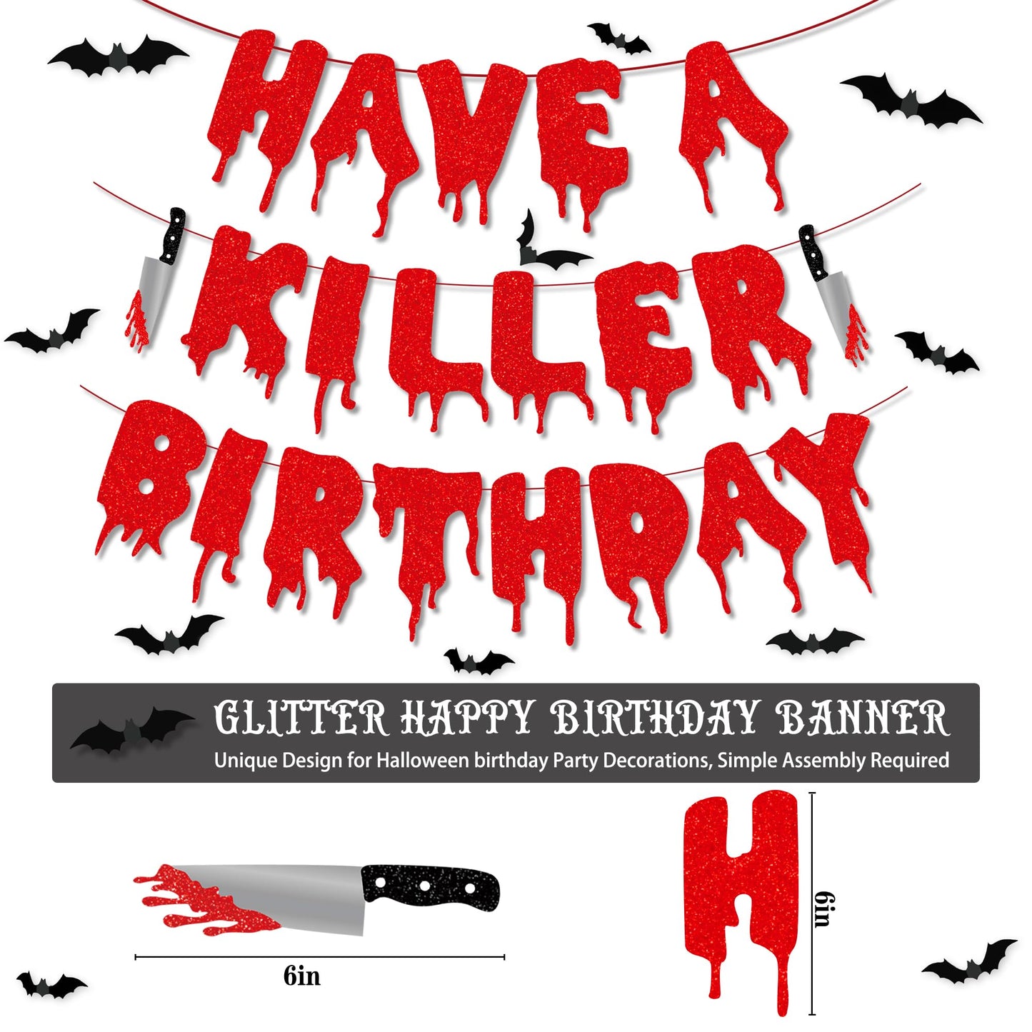 Vlipoeasn Have a Killer Birthday Decorations, Black Red Halloween Birthday Glitter Banner, Balloons, Blood Knife Cake Toppers for Halloween Decorations Supplies, Horror Backdrop Party Decor