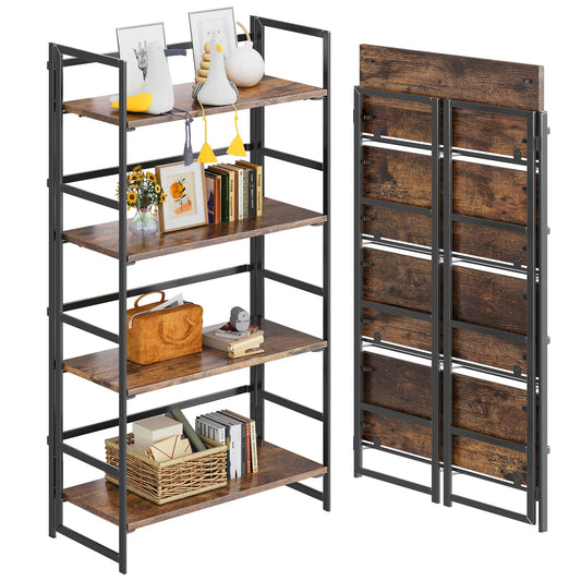 4NM No Assembly 4 Tiers Book Shelves, Black Folding Bookshelf Bookcase Open Industrial Foldable Shelves for Bedroom, Living Room, Home Office - Rustic Brown Black