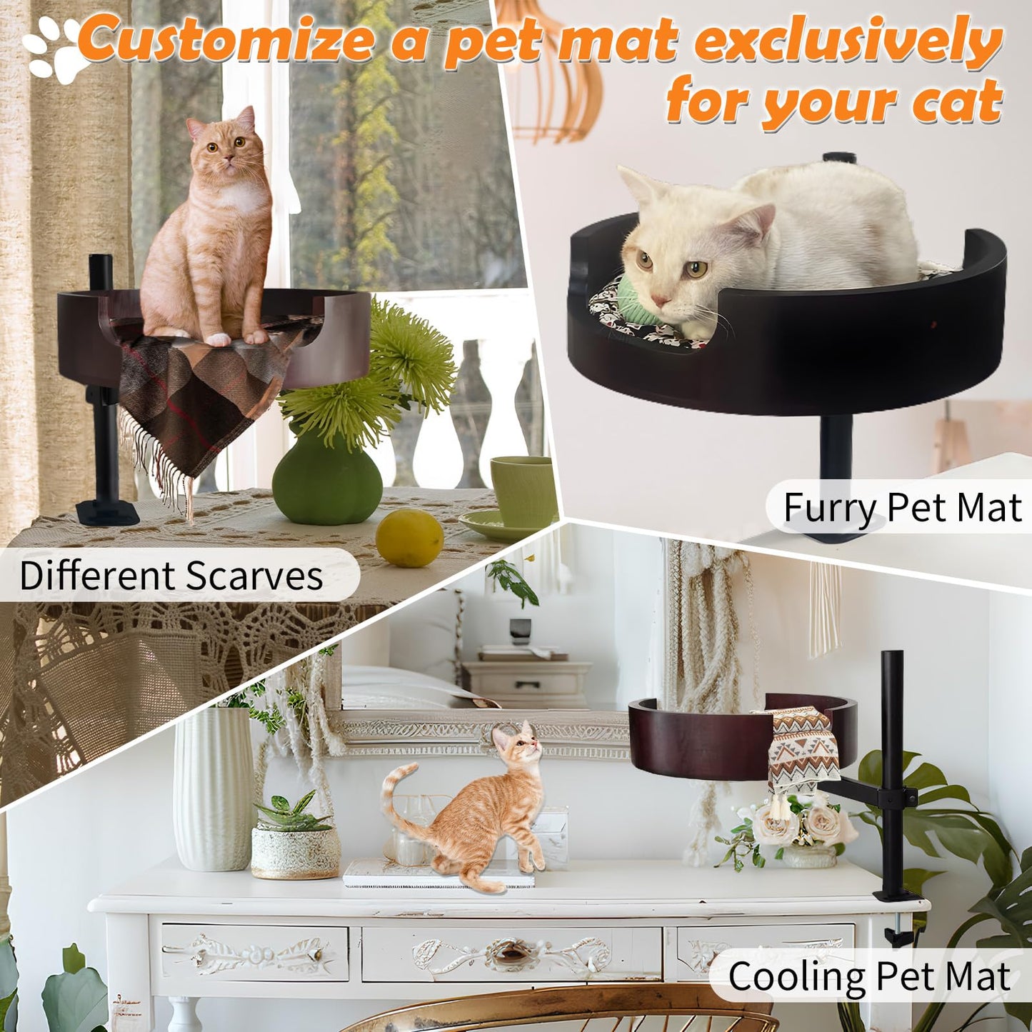 XZKING Cat Desk Bed- Adjustable Wooden Cat Bed for Home Office and Study Rooms, Desktop Kitten Furniture Attachment with Pet Mat, Ball, Mouse (Large)