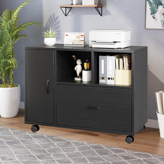 1 Drawer 1 Door 2 Shelves office furniture storage cabinet，Office Vertical Files Pedestal storage Lateral cabinet，Printer Stand with Open Storage Shelves and Rolling Wheels for Office and Home (Black)