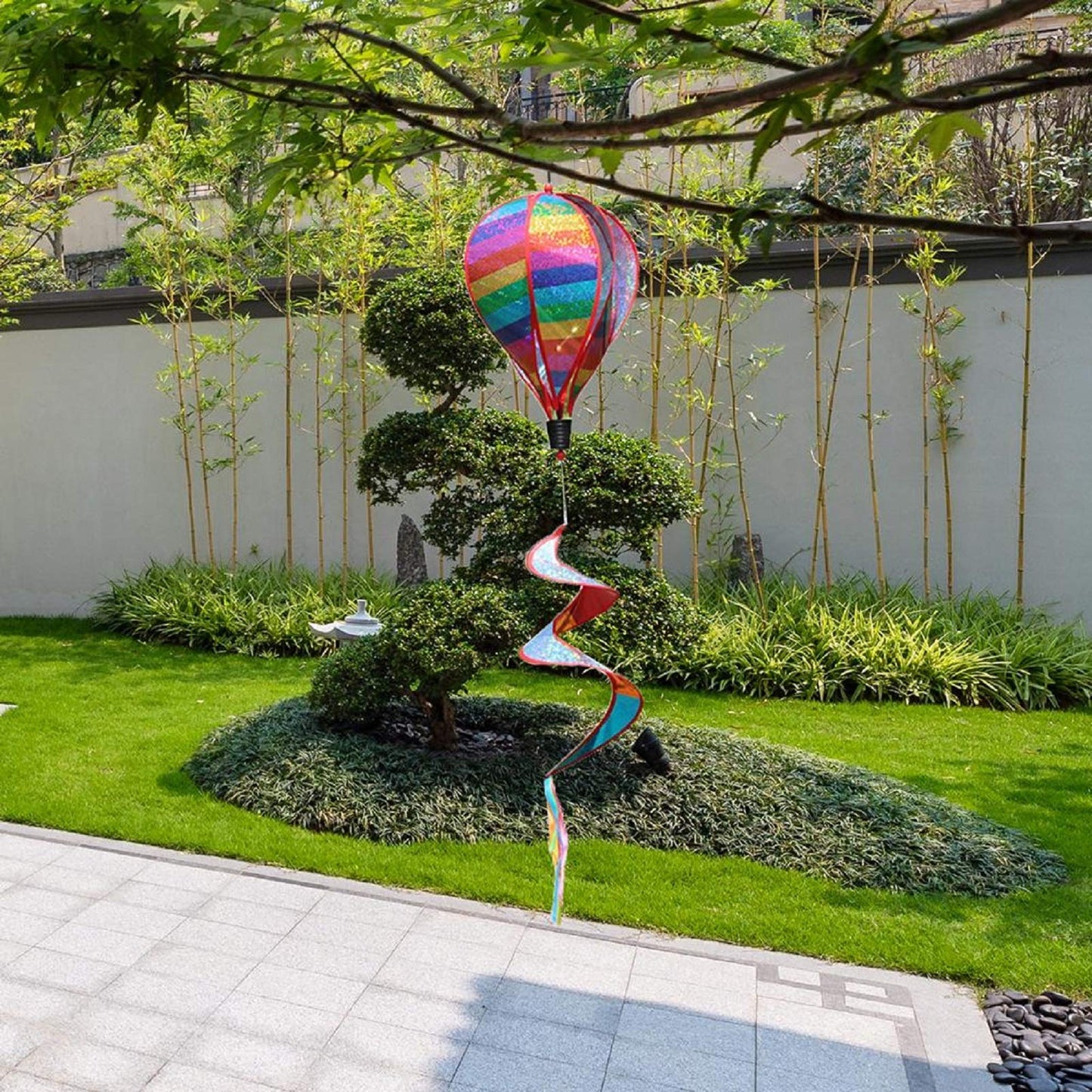 2Pcs Hot Air Balloon Wind Spinner Rainbow Whirl Hanging Ornament Spinning Balloon Windmill Toy Set for Outdoor Garden Patio Yard Home Decoration