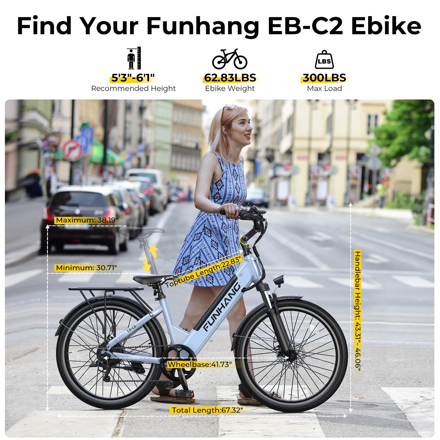 Funhang Electric Bike for Adults, 1000W Peak Ebike, 50Miles 21.7MPH Step Thru Electric Bicycle, 26" Commuter E Bikes with 48V Built-in Removable Battery, Adjustable Stem, 7-Speed, Front Suspension