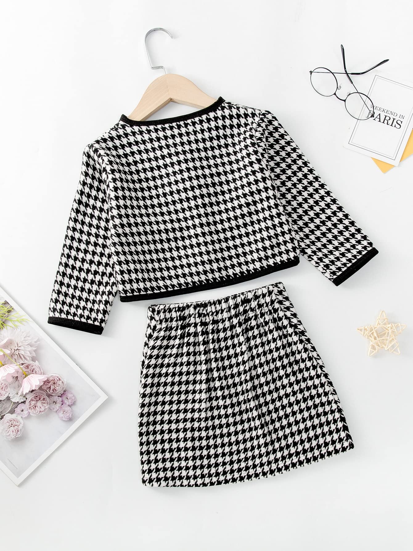 WDIRARA Toddler Girl's 2 Piece Houndstooth Button Front Long Sleeve Round Neck Jacket and Skirt Outfits Set Black and White 110