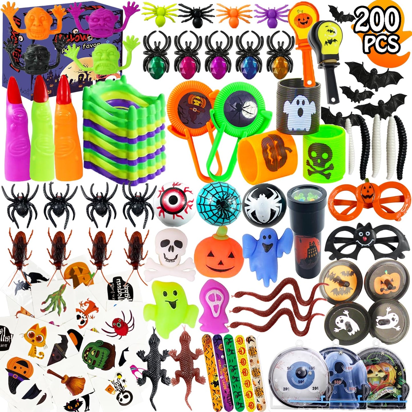200PCS Halloween Party Favors Assortment Bulk, Halloween Toys for Kid Girls Boys Goodies Party Bags Stuffers Fillers Prizes for Trick or Treat Classroom Prize