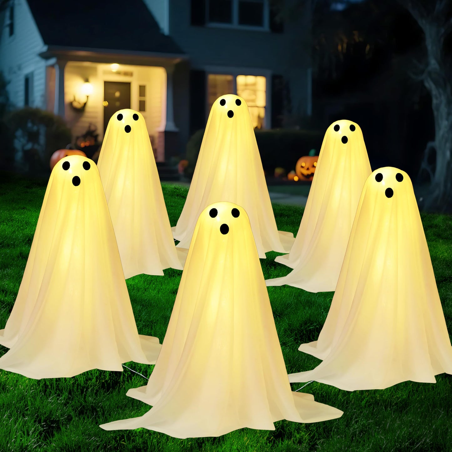 JOYIN 6 Pcs Halloween Decorations Outdoor Ghosts Pathway Lights, 18” White Light Up Cloth Ghost with Yard Stakes for Graveyard Yard Lawn Garden Prop, Party Decor Supplies