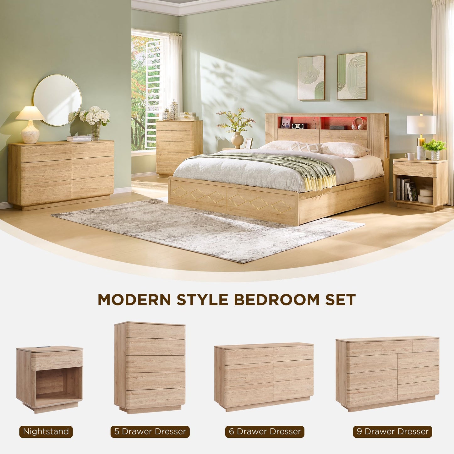 ACCOHOHO Modern 6 Drawer Dresser for Bedroom, Farmhouse 52" Wide Dresser TV Stand with Large Drawers, Natural Texture, Curved Angle for Room, Hallway and Entryway, Nutural Oak