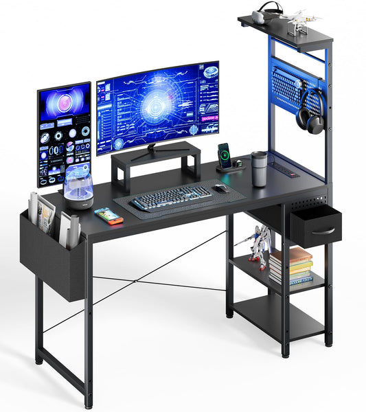 47 Inch Gaming Desk, Computer Desk with Adjustable Storage Rack & LED Lights, PC Gaming Desk with Mini DIY Pegboard, Drawer and Power Outlets for Gaming Room,Carbon Fiber Black