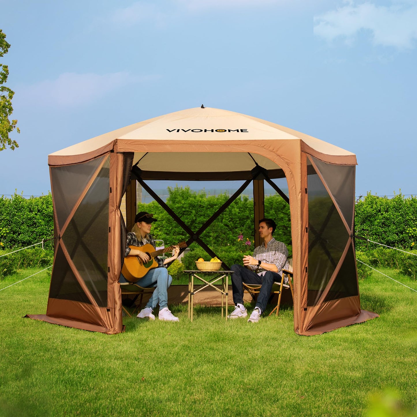 VIVOHOME 12x12ft Pop-Up Gazebo Screen Tent, 6-Sided Instant Outdoor Canopy Shelter with Large Main Door, Wind Panels, and Screens for Outdoor Parties, Camping, Lawn and Backyard