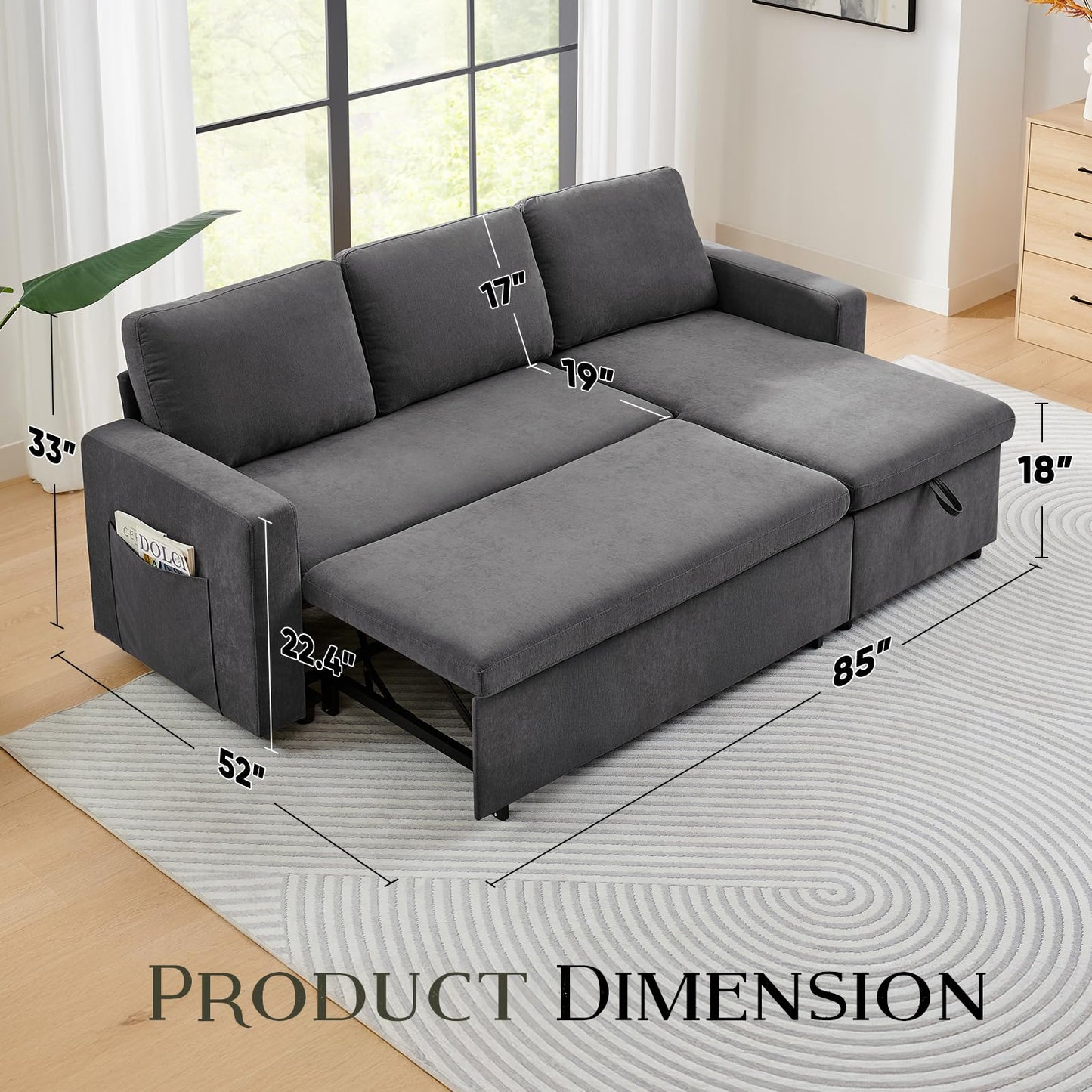 85’’ Sofa Bed, 2 in 1 Sleeper Sofa with Multiple Storage Spaces and Detachable Chenille Cover, Easy to Assemble, Comfy Futon Pull Out Couch for Living Room/Office/Apartment(Grey)