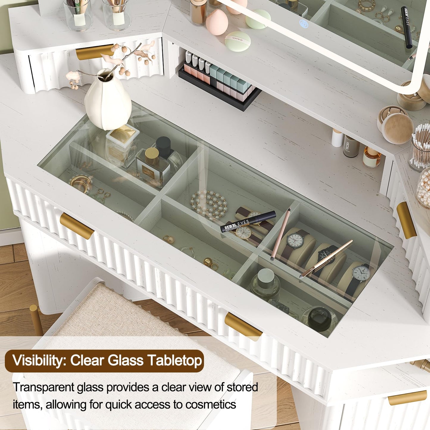 48'' Modern Vanity Desk with HD Triple Mirror & Lights,Large Corner Vanity Table with Glass Top, Charging Station,1Multifunctional Drawers & 2 Small Drawers, Dressing Table Set with 2 Cabinets, White