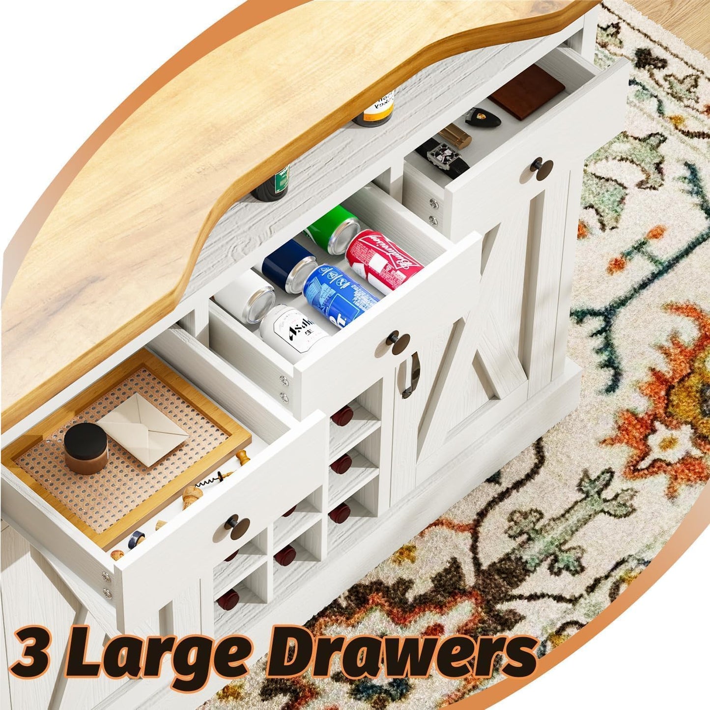 52 Inch Large Home Bar Unit with Foot Rail, 4-Tier Storage Bar Table with 3 Drawers, Farmhouse Wine Bar Cabinet with 9 Wine Rack & 2 Barn Doors, Home Bar Unit with Storage for Living Room, White