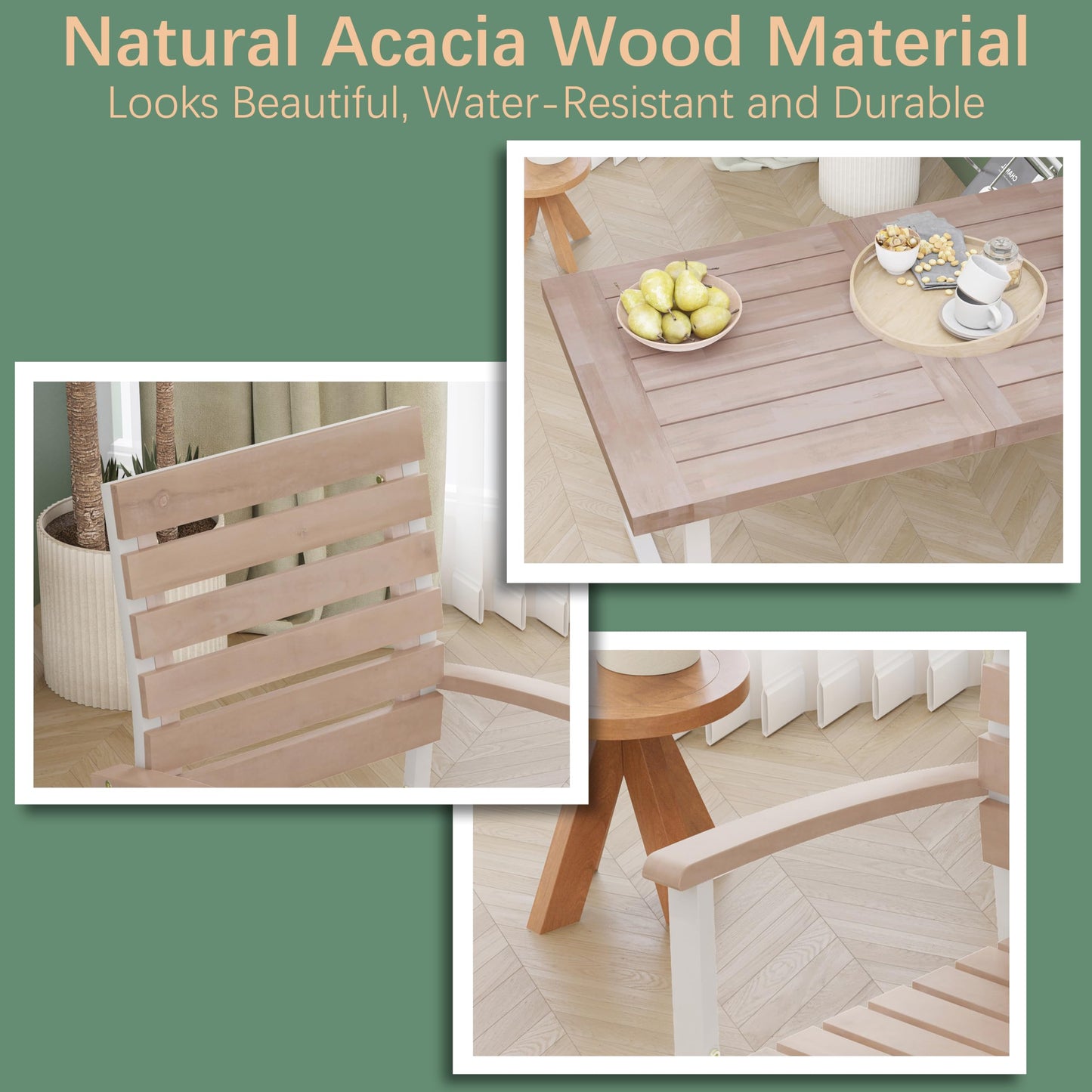 WiberWi 7 Piece Outdoor Dining Set for 6, Acacia Wood 59.1" Patio Table and Chairs Set with Metal Frame, Patio Dining Furniture Set for Garden, Balcony, Backyard, Poolside, Natural & White