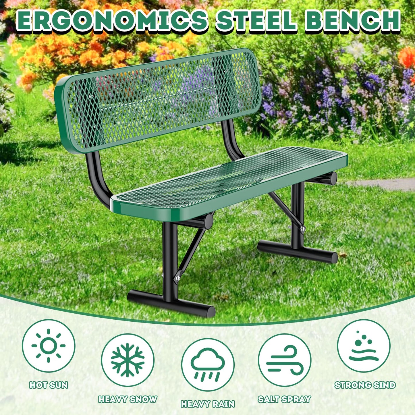 4FT/48INCH Heavy Duty Metal Park Bench for Outside, Outdoor Garden Benches with Backrest & Portable Frame, Expanded Metal Mesh Bench for Shopping Malls, Lawn, Park, Deck, Patio, Porch, Green