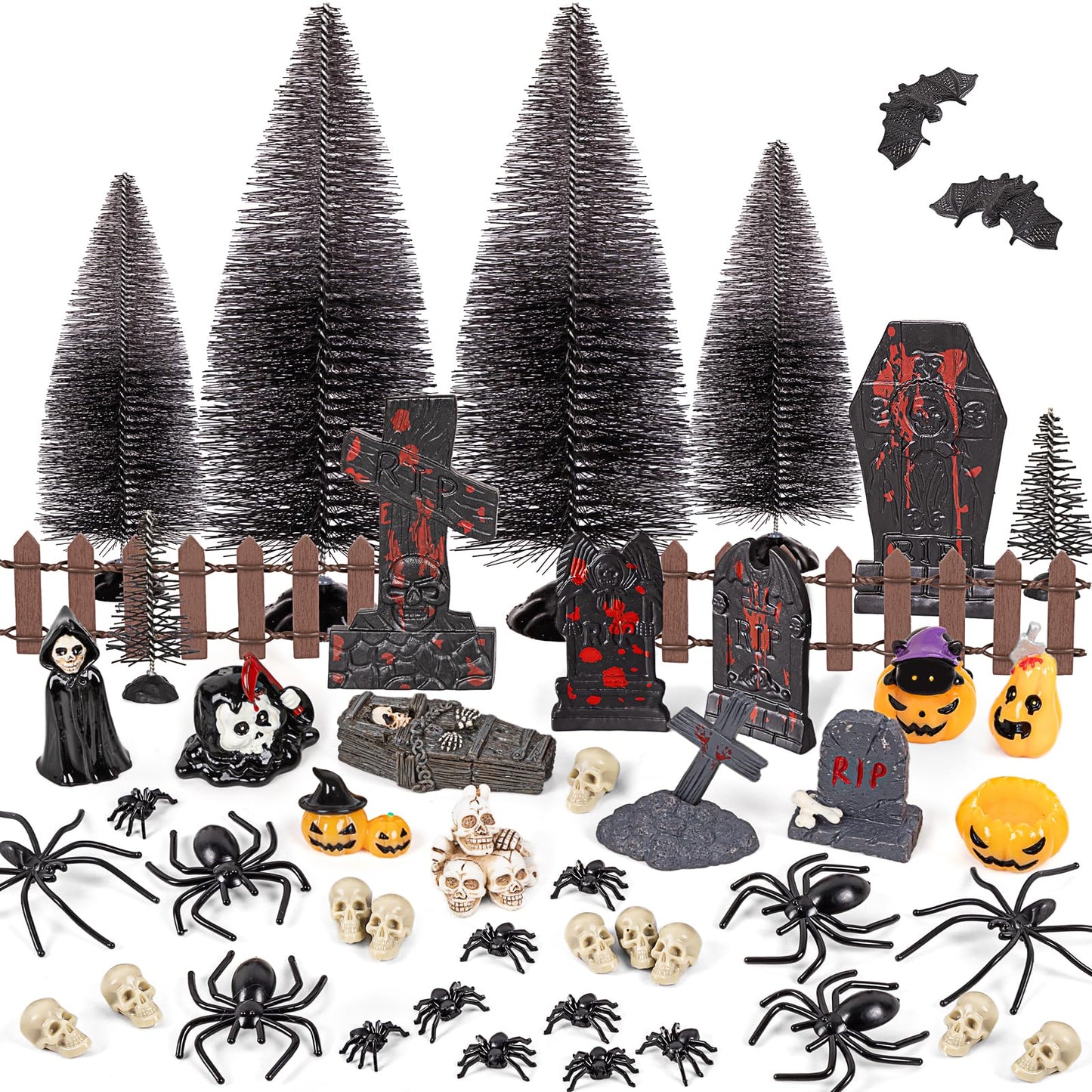 69Pcs Halloween Village Accessories Set Included Skeleton Pumpkin Spider Tree Coffin Skull Tombstone Bat Fence - Miniatures Figurines Decorations for Summerween Hallowmas Party Decor Tabletop