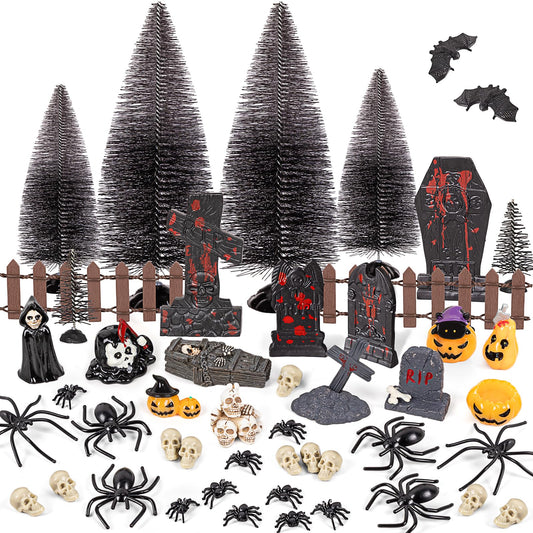69Pcs Halloween Village Accessories Set Included Skeleton Pumpkin Spider Tree Coffin Skull Tombstone Bat Fence - Miniatures Figurines Decorations for Summerween Hallowmas Party Decor Tabletop