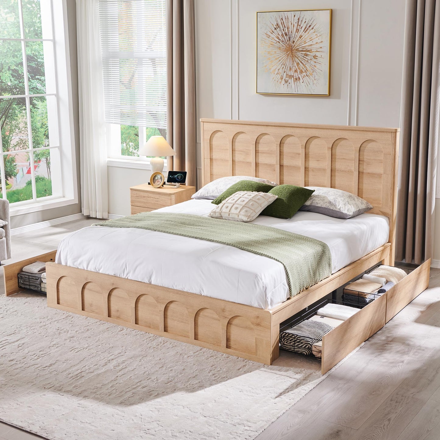 ACCOHOHO King Size Bed Frame Modern with 52" Tall Arched Recessed Headboard and 4 Drawers, Solid Wood Slats Support, Wood Platform, Noise Free, No Box Spring Needed, Natural Oak