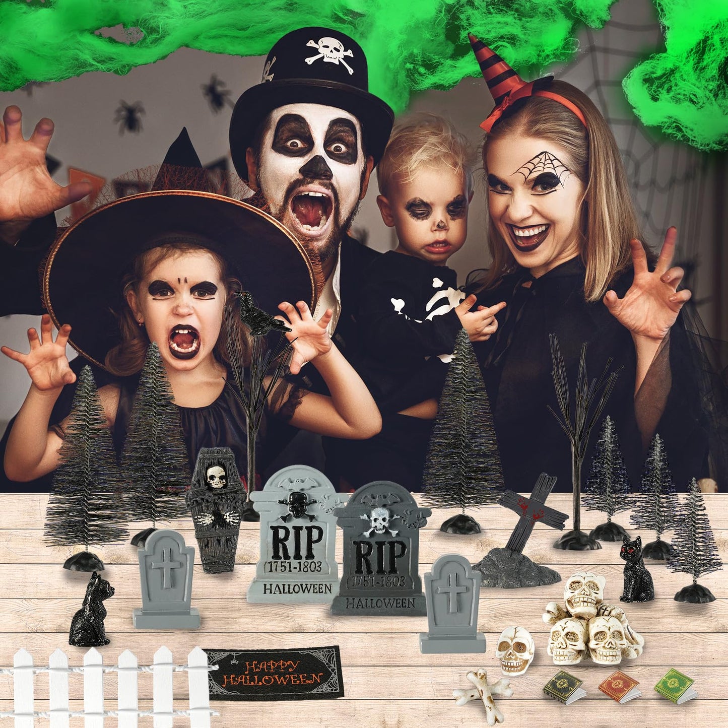 49 Pcs Miniature Halloween Village Accessories Set - Miniature Halloween Figurines, Ornaments, Bare Branches, Tombstones, Skeleton, Fake Spiders - Party Decor