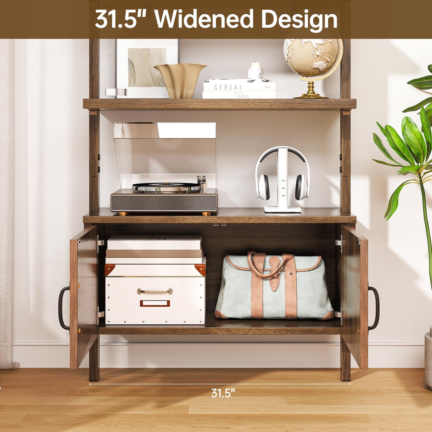 72" Tall Ladder Bookshelf with Cabinet - Faux Wood Grain Finish, 5-Tier Open Storage with Rattan Doors, Wall Mounted Book Shelf, Rustic Brown