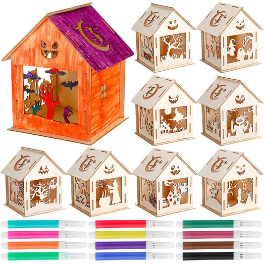 WinnerWhy 18 Pcs Haunted House Kit Painting Halloween Crafts for Kids Wooden Houses with Colors Markers DIY Graffiti Crafts Pumpkin Witch Ghost Haunted House for Kids Paint Art