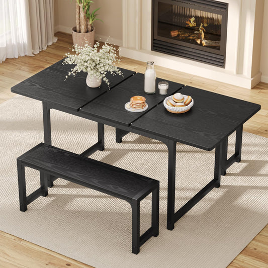 Ahomly Dining Table Set for 4-6 with Bench, 63“ Large Extendable Kitchen Table Set, Dining Room Table with Metal Frame & MDF Board, Perfect for Small Space, Easy Assembly, Black