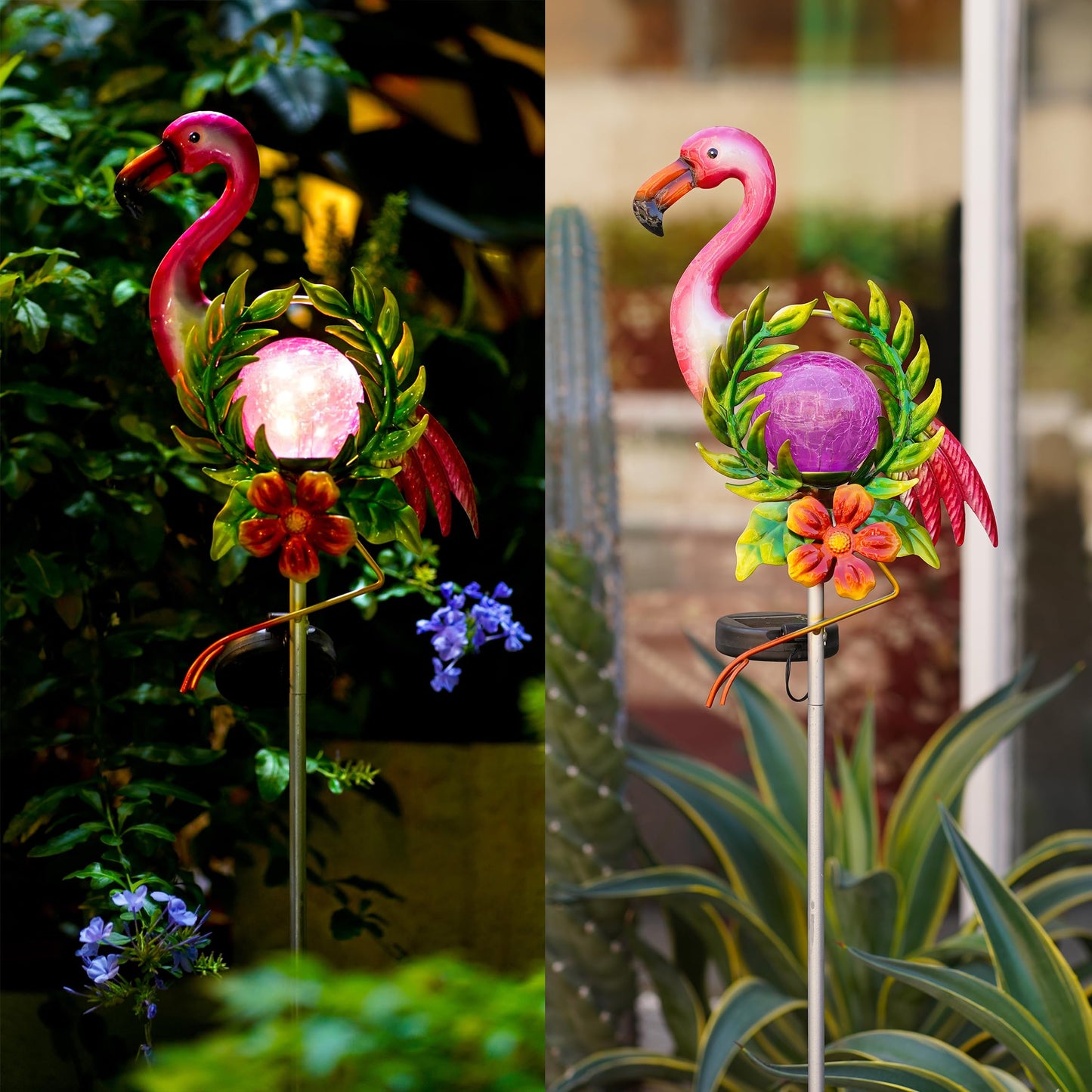 Voumsil Solar Garden Light for Garden Decoration, 40.9 Inch Flamingo Solar Stake with Cracked Glass Puck Light for Outside Patio Pathway Yard Decoration(Flamingo)