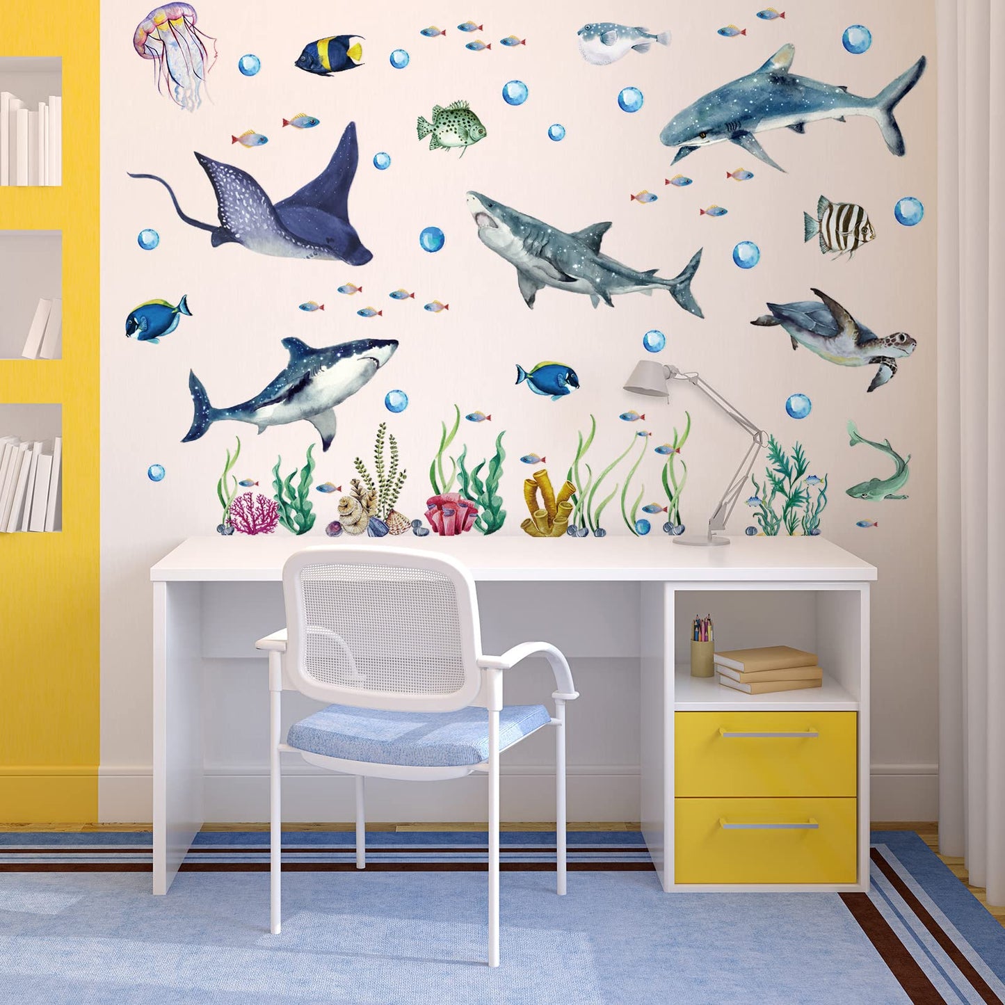 3 Pieces Large Watercolor Sharks Wall Decals Ocean Animal Peel and Stick Wall Sticker Under The Sea Marine Life Theme Decals Nursery Room Home Decor Party Supply, 11.2 x 34.6 Inches