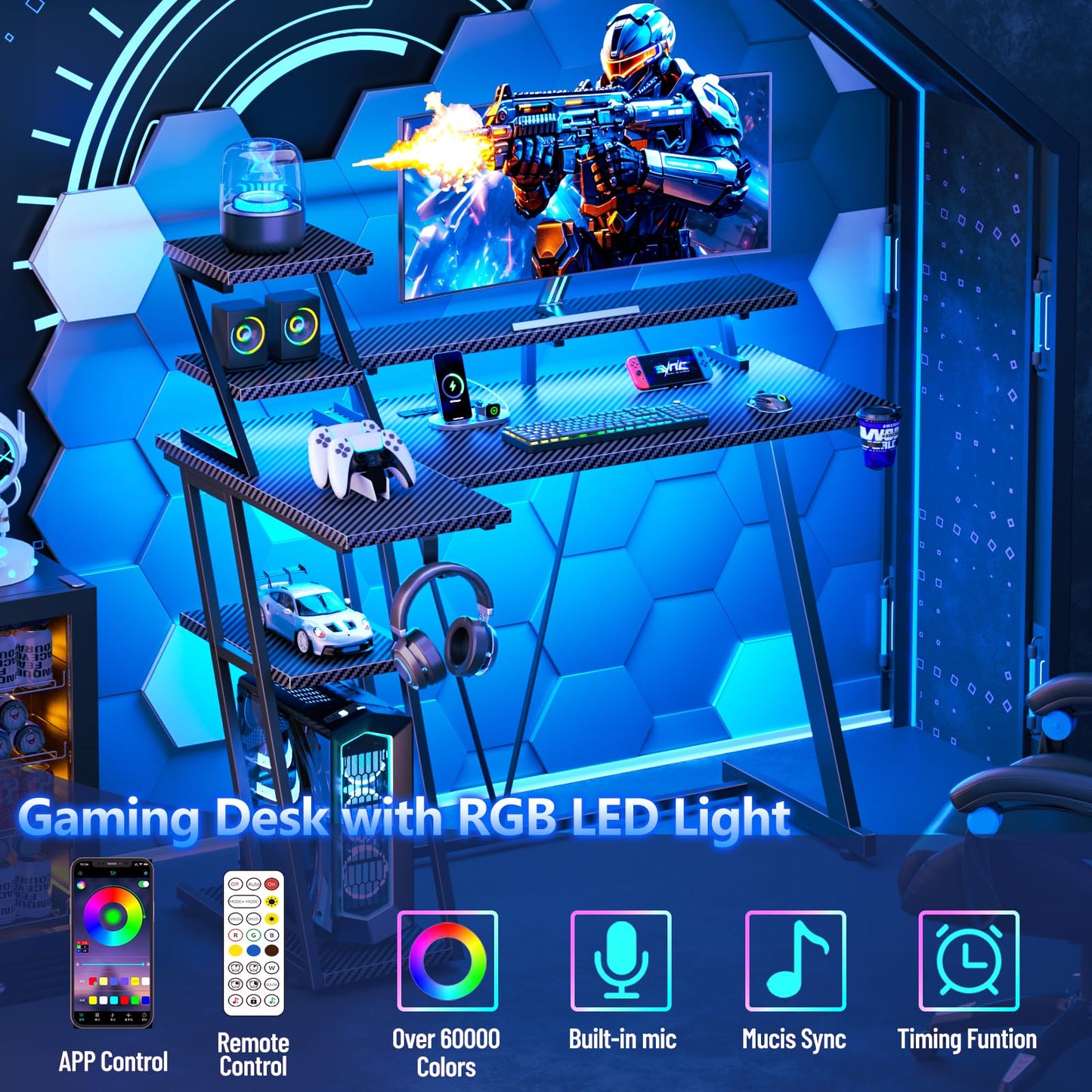 40 Inch Gaming Desk with LED Lights & Power Outlet, Small Gaming Computer Desk with Storage Shelves, L Shaped Gamer Workstations with Monitor Stand for Bedroom, Carbon Fiber Black