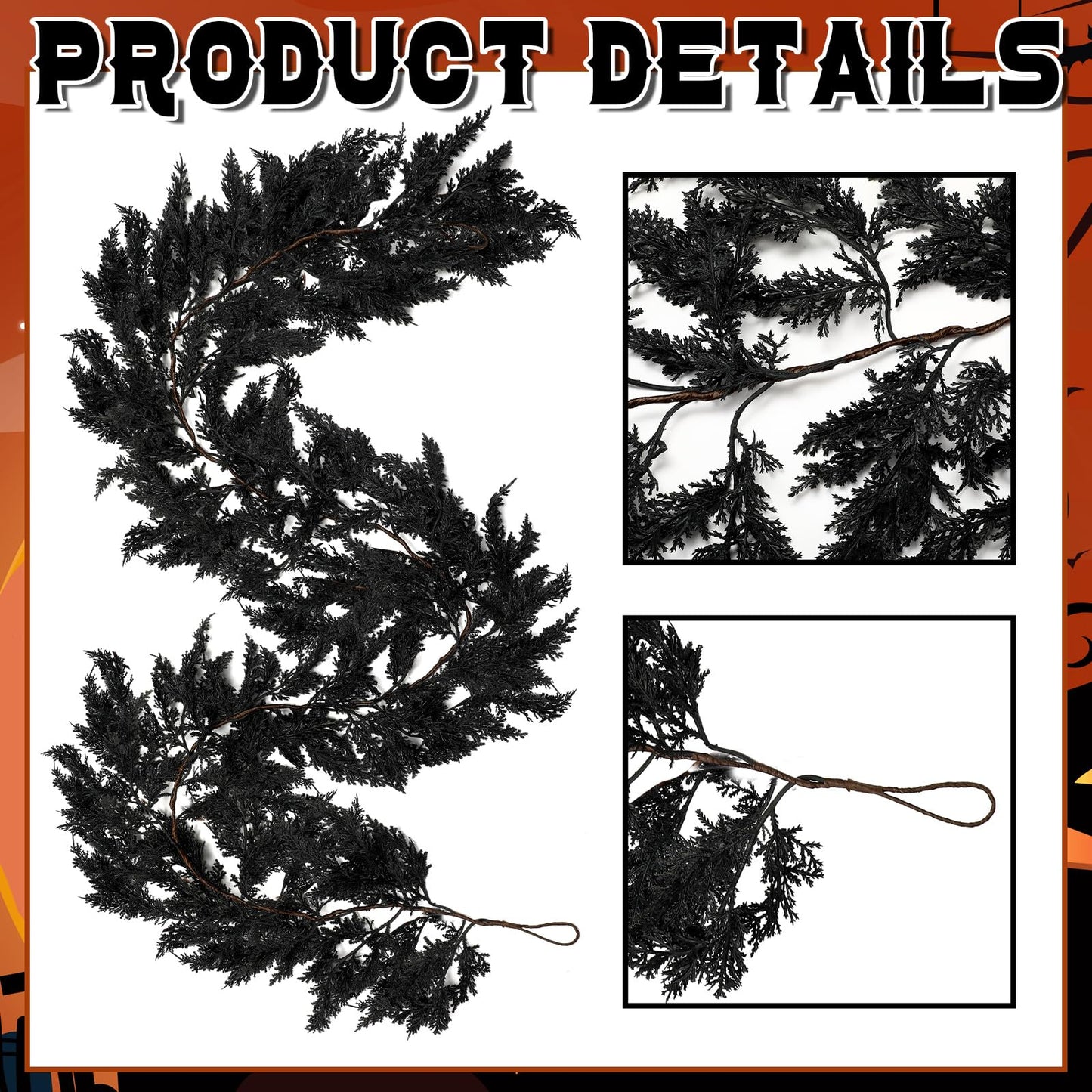 XunYee Black Halloween Garland 6 Feet Cedar Garland Artificial Faux Trailing Realistic Summer Halloween Hanging Vine Twigs for Thanksgiving Party Mantel Fireplace Wedding Outdoor Indoor Home Decor