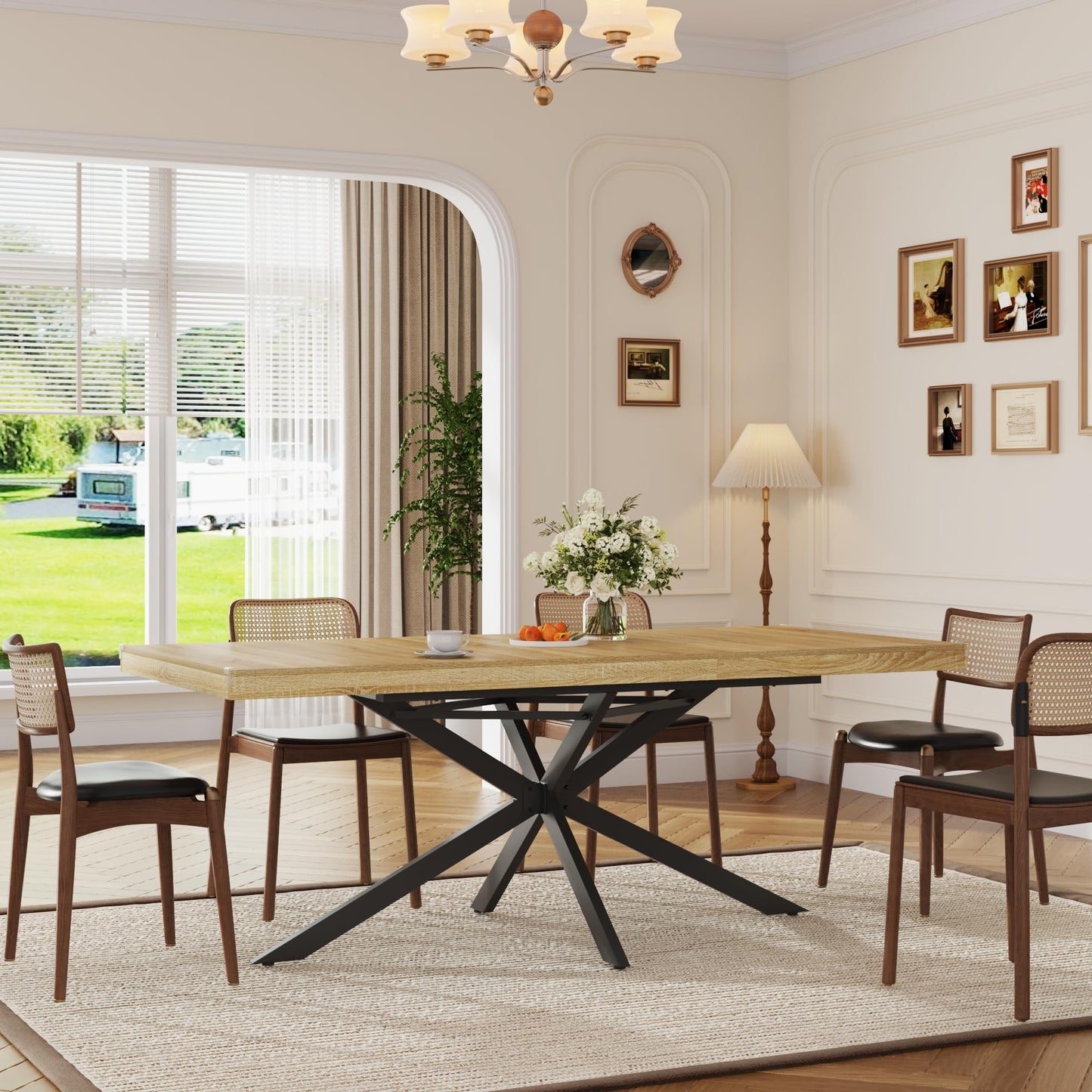 59In-78Inch Extendable Rectangular Dining Table for 6 8 People, Wood Long Dining Room Table W/Removable Leaves,Space Saving,Modern Dinner Table W/Waterproof Tabletop&Metal Legs for Kitchen Living Room
