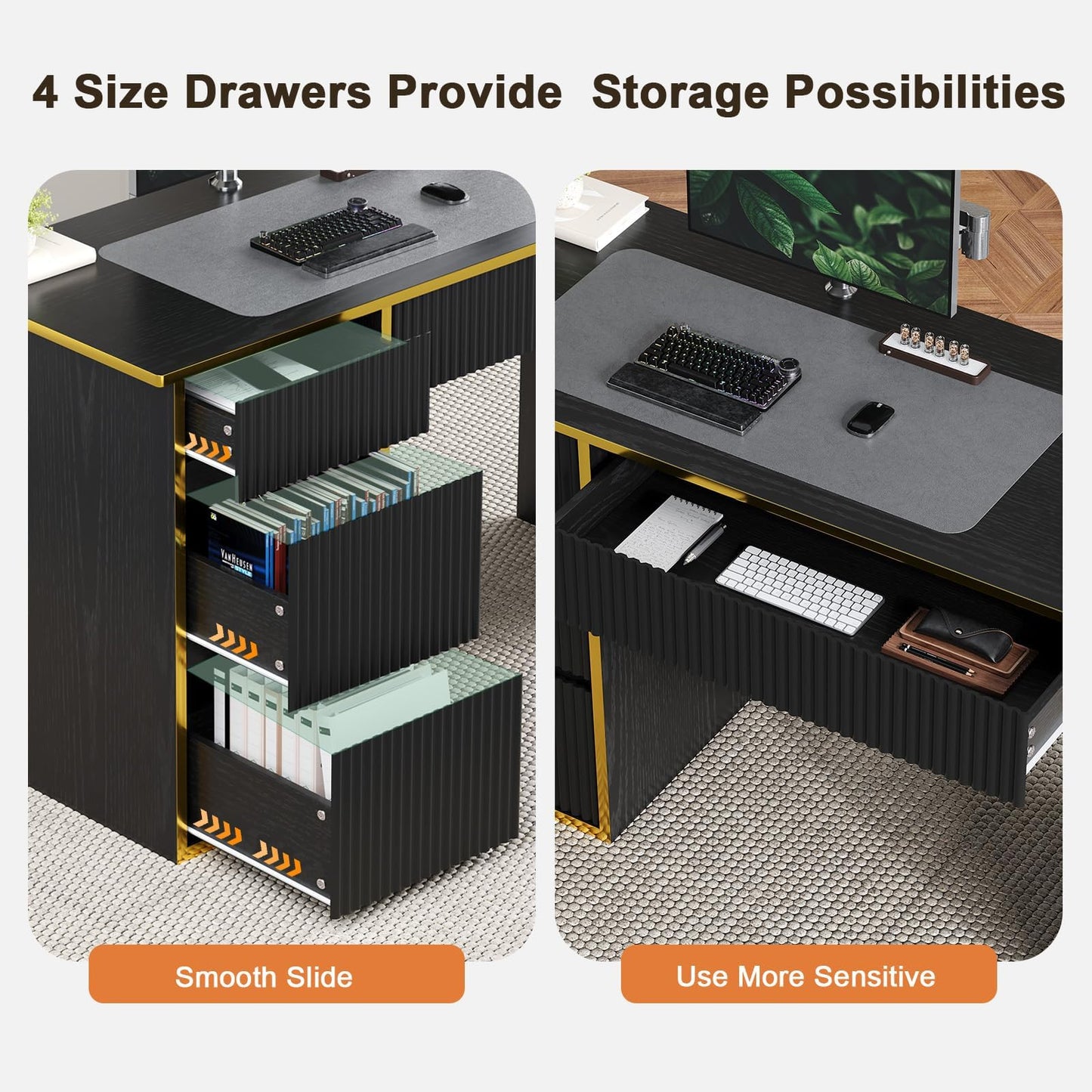 4 EVER WINNER Black Computer Desk with Drawers，47 Inch Home Office Desk with File Drawer and Hidden Handle, Writing Study Desk for Bedroom, Black Desk