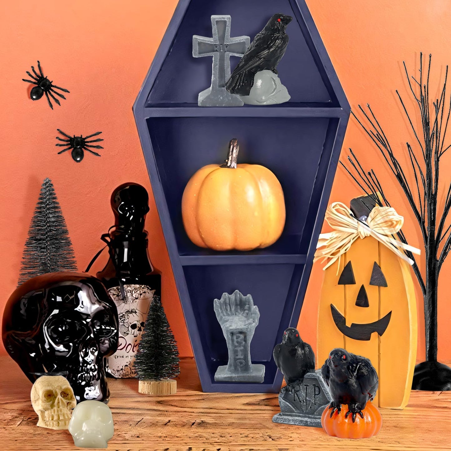 65 Pcs Halloween Village Accessories Set Miniature Tombstone Crow Figurines Mini Plastic Skulls Spiders Fence Bare Branch Trees Halloween Town Set for Mini Graveyard Scene Decor