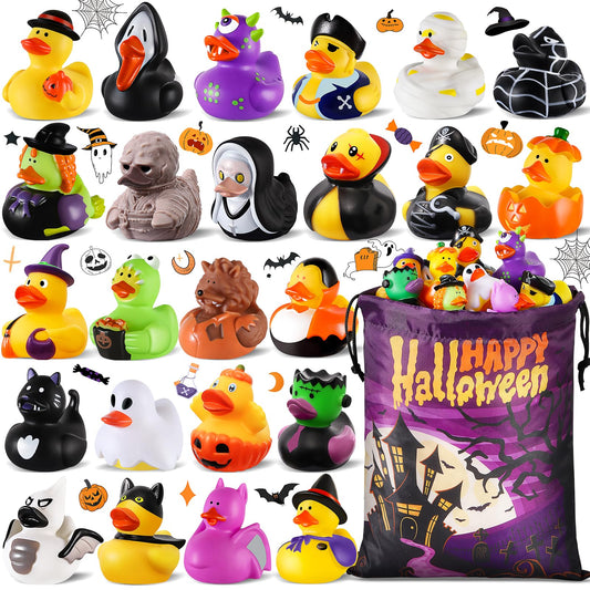 24 PCS Halloween Rubber Ducks with Bag, Bulk Halloween Ducks Toys for Jeeps Ducking Party Favors Goodie Bag Stuffers, Horror Ducks for Halloween Treats Non Candy Prizes Bath Toys Gifts for Kids