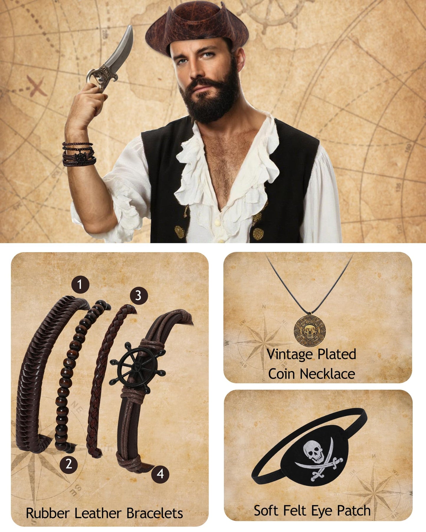 WooHand Pirate Hat and Accessories Set with Eye Patch Necklace Sash Leather Bracelets for Men Women Pirate Costume Halloween Cosplay Renaissance Outfit