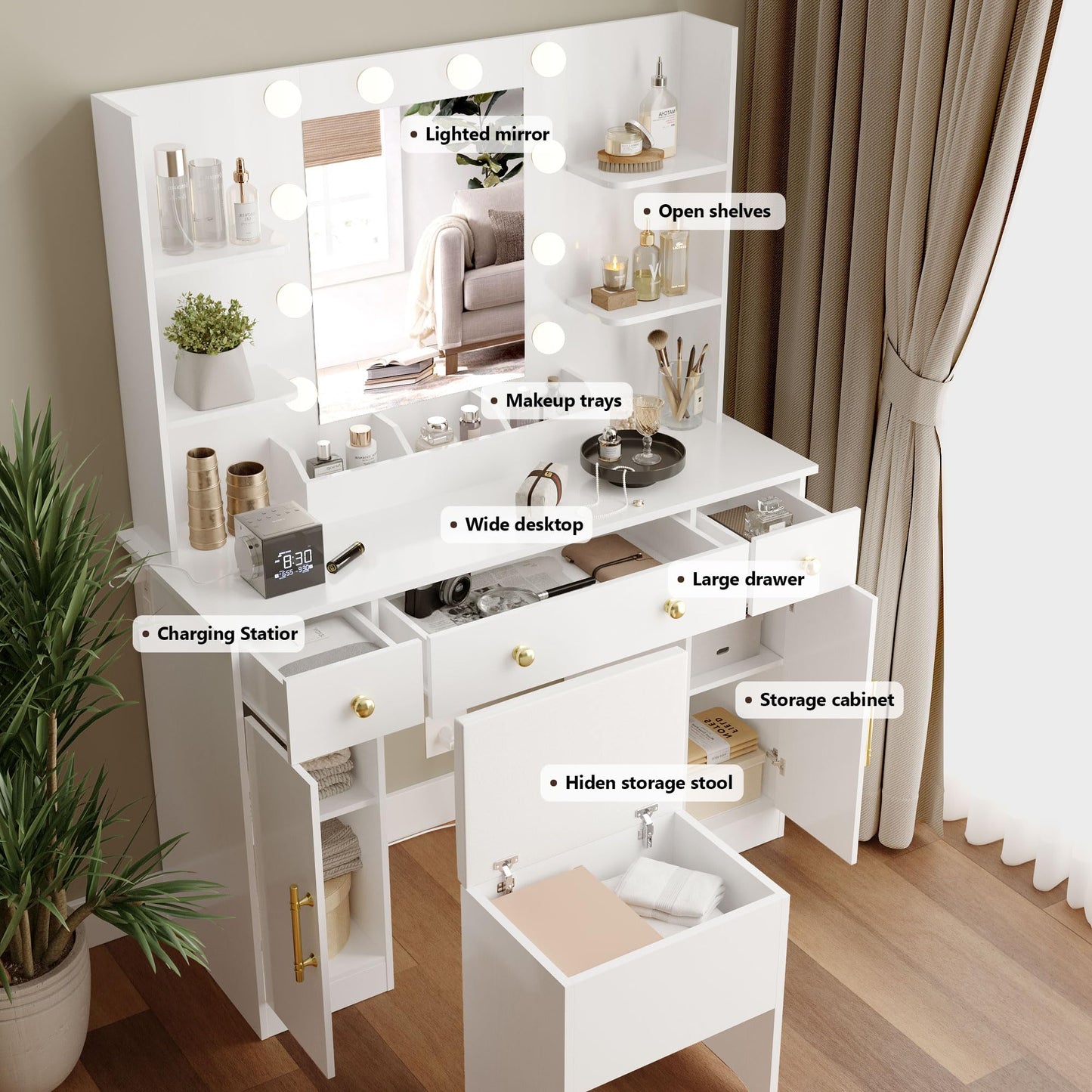 Wodeer Makeup Vanity Desk with Mirror and Lights, 43" White Vanity Set with Chair, 3 Drawers, Power Outlet & Adjustable RGB LED Lights, Dressing Table with Storage Shelf for Women & Girls Bedroom