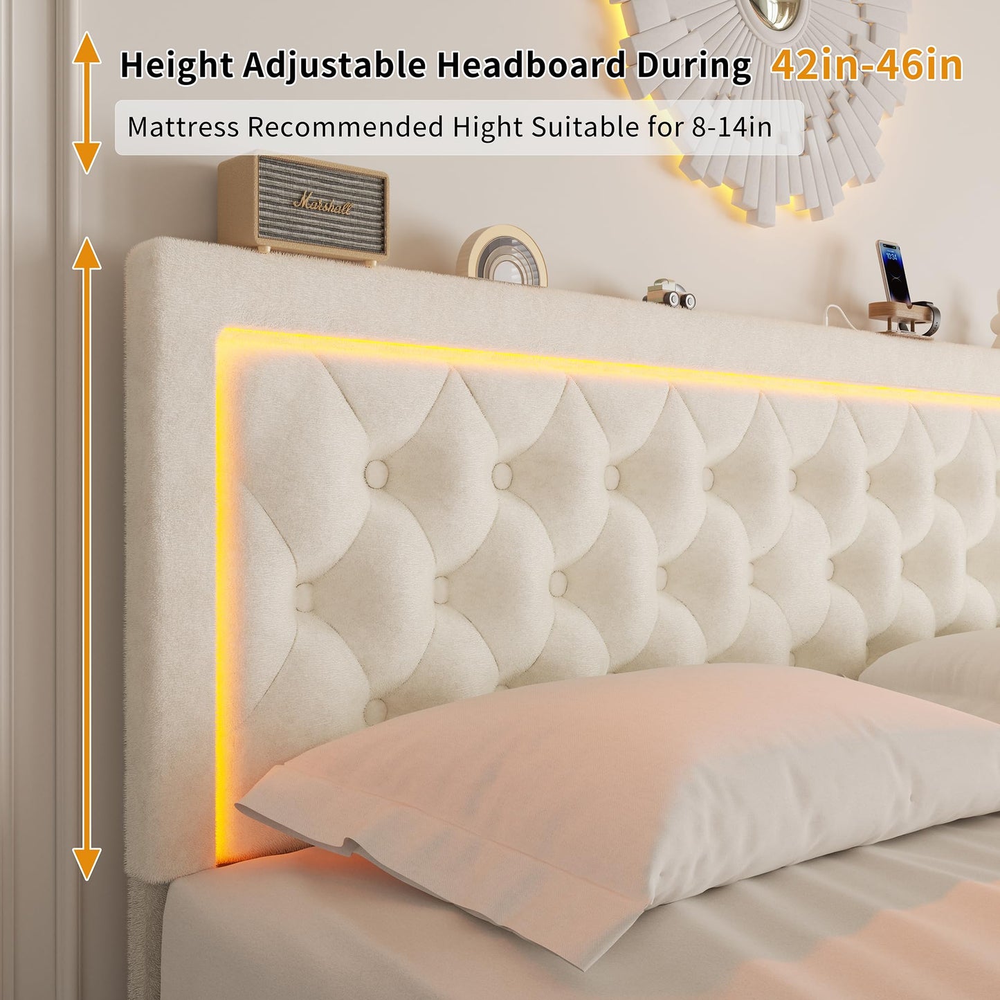 VOHOBY Queen Bed Frame with 4 Storage Drawers, Velvet Upholstered Bed Frame Queen Size with Charging Station and LED Lights, 46" Adjustable Button Tufted Headboard, No Box Spring Needed, Beige